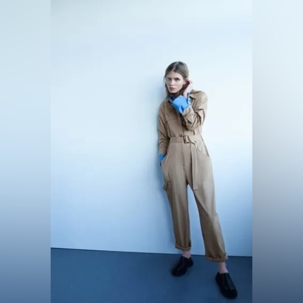 Zara Mid-Camel Long Belted Jumpsuit Size Large - NWT